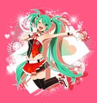  aqua_eyes aqua_hair cola_miku gloves hatsune_miku highres jumping long_hair looking_at_viewer navel one_eye_closed open_mouth skirt smile thighhighs twintails unino_(unino_sachi) very_long_hair vocaloid zettai_ryouiki 