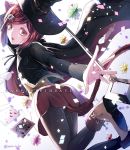  1girl bangs black_cape black_hat black_legwear brown_eyes cape card cat_tail danganronpa happy_birthday hat legs_up long_sleeves looking_at_viewer miniskirt new_danganronpa_v3 open_mouth pantyhose parted_bangs pleated_skirt red_hair red_skirt short_hair skirt solo tail witch_hat yumeno_himiko z-epto_(chat-noir86) 