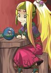  1girl angry blonde_hair dark_pit dress flower hair_ornament iken kid_icarus kid_icarus_uprising long_hair nachure ponytail purple_hair sitting smile very_long_hair 