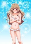  bare_shoulders bikini blush breast_hold breasts brown_hair cleavage crossed_arms frilled_bikini frills frown idolmaster idolmaster_cinderella_girls kamiya_nao long_hair looking_at_viewer medium_breasts midriff navel red_eyes shirihime solo swimsuit wavy_hair white_bikini 