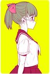  bad_id bad_pixiv_id bow glasses hair_bow original ponytail profile sakiyo_cake school_uniform serafuku skirt solo white_skin yellow_background 