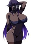  armpits arms_behind_head assassin_(fate/zero) bandeau black_panties breasts cowboy_shot dark_skin fate/zero fate_(series) female_assassin_(fate/zero) g-string groin highleg highleg_panties hikora hips huge_breasts long_hair mask naughty_face navel panties purple_eyes purple_hair simple_background smile solo standing strapless string_panties thighs thong tubetop underwear white_background wide_hips 