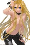  bad_id bad_pixiv_id blonde_hair blue_eyes bracelet collar hair_censor hair_over_breasts jewelry lily_(vocaloid) long_hair looking_at_viewer microphone navel pants simple_background solo topless very_long_hair vocaloid yamakawa_umi 