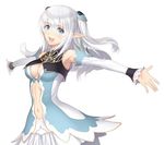  :d altina_(shining_blade) armpits blue_eyes breasts center_opening cleavage_cutout detached_sleeves dress elf long_hair medium_breasts midriff official_art open_mouth outstretched_arms pointy_ears shining_(series) shining_blade skirt smile tanaka_takayuki white_hair 