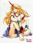  bad_id bad_pixiv_id barefoot blonde_hair blush chain cuffs cup highres horn hoshiguma_yuugi ikuhana_niiro long_hair marker_(medium) red_eyes sakazuki sitting skirt solo star touhou traditional_media 