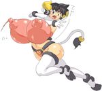  1girl black_eyes black_hair breasts cow cow_girl cow_tail curvy elbow_gloves erect_nipples female gigantic_breasts gloves hips horns huge_nipples jumping legs nipples open_mouth panties puffy_nipples sasaki_tatsuya see-through short_hair solo tail thighhighs underwear wide_hips 