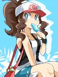  brown_hair cap denim denim_shorts eating food hat ice_cream nono_(norabi) pokemon pokemon_(game) pokemon_black_and_white pokemon_bw shorts sitting touko_(pokemon) 