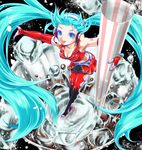  aqua_eyes aqua_hair bracelet cola_miku drinking_straw elbow_gloves fingerless_gloves from_above glass gloves hatsune_miku headphones headset ice jewelry long_hair looking_at_viewer minigirl necklace skirt smile solo tomabo twintails very_long_hair vocaloid 