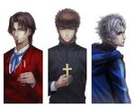  alcohol bad_id bad_pixiv_id blue_eyes brown_eyes brown_hair command_spell cross cross_necklace cup drinking_glass facial_hair fate/zero fate_(series) formal goatee hood hoodie jewelry kotomine_kirei male_focus matou_kariya multiple_boys necklace qin realistic suit toosaka_tokiomi white_background wine wine_glass 