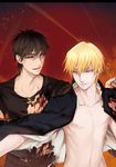  bad_id bad_pixiv_id blonde_hair blood blood_on_face brown_eyes brown_hair cross cross_necklace fate/zero fate_(series) fire gilgamesh jewelry kotomine_kirei male_focus multiple_boys naked_coat necklace red_eyes shirt shirtless spoilers t-shirt torn_clothes torn_shirt yuuto_(sky_cloister) 