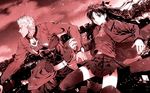  1girl archer between_fingers cityscape fate/stay_night fate_(series) flying gem hair_ribbon highres long_coat long_hair monochrome pleated_skirt ribbon sato-pon skirt thighhighs toosaka_rin two_side_up zettai_ryouiki 