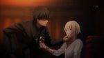  alcohol blonde_hair brown_eyes brown_hair cross cross_necklace cup derivative_work drinking_glass fate/zero fate_(series) gilgamesh hand_on_another's_chin jewelry kotomine_kirei multiple_boys necklace parody red_eyes rinoko_otoge wine wine_glass 