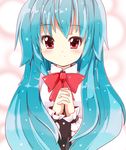  blue_hair bow fa_no_hito hands_clasped heart heart-shaped_pupils hinanawi_tenshi long_hair no_hat no_headwear own_hands_together red_eyes smile solo symbol-shaped_pupils touhou wrist_cuffs 