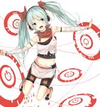  aqua_eyes aqua_hair bare_shoulders bike_shorts cola_miku hair_ribbon hatsune_miku headphones highres jewelry jumping la-na long_hair navel open_mouth outstretched_arms ribbon smile solo spread_arms twintails vocaloid 