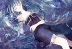  aqua_hair bare_shoulders blue_flower blue_rose blue_skirt closed_eyes collarbone flower hatsune_miku lace long_hair lying mimittsu nail_polish paranoia_(vocaloid) partially_submerged ribbon rose skirt solo strap_slip very_long_hair vocaloid water 