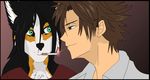  black_hair blue_eyes border_collie brown_hair canine cigarette close-up couple darkghost dog female fur green_eyes hair human male mammal match orange_fur smirk smoking white_fur 