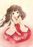  bad_id bad_pixiv_id black_hair blush cherry_blossoms flower japanese_clothes kneeling long_hair miko mizutamako original solo twintails 