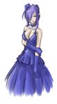  arceonn bare_shoulders blue_dress blue_gloves blush breasts choker cleavage dress elbow_gloves fatima_(luminous_arc) flower formal gloves gown hair_flower hair_ornament hair_over_one_eye holding holding_arm jewelry large_breasts long_hair luminous_arc luminous_arc_2 pendant pointy_ears purple_eyes purple_hair solo white_background 