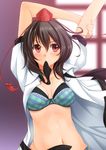  arms_up bad_id bad_pixiv_id blush bra breasts brown_hair chiro hat lingerie looking_at_viewer medium_breasts mouth_hold navel open_clothes open_shirt panties red_eyes shameimaru_aya shirt solo tokin_hat touhou underwear 
