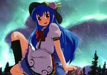  aurora blue_hair blush boots bow dress food fruit gigokku hat hinanawi_tenshi long_hair night night_sky open_mouth peach red_eyes rock sitting sky smile solo star touhou tree 