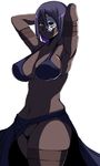  armpits arms_behind_head assassin_(fate/zero) bikini bikini_top blue_bikini breasts child_assassin_(fate/zero) dark_skin fate/zero fate_(series) female_assassin_(fate/zero) hikora large_breasts mask navel no_panties open_clothes open_skirt purple_eyes purple_hair short_hair simple_background skirt solo standing swimsuit thighs white_background 