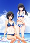  :c amagami arm_support ayatsuji_tsukasa beach_chair bikini black_eyes black_hair blue_bikini blue_sky blush breasts brown_eyes cloud cloudy_sky covering day floral_print frown groin halterneck kaoru348 long_hair looking_at_viewer medium_breasts multiple_girls nanasaki_ai navel ocean one-piece_tan open_mouth outdoors short_hair sitting sky standing stomach swimsuit tan tanline 