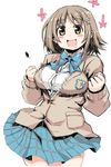  :d bow breasts brown_eyes brown_hair bursting_breasts button_gap buttons cardigan flying_button hair_ornament hairclip idolmaster idolmaster_cinderella_girls jumping large_breasts mimura_kanako omega.ep open_mouth plaid plaid_skirt popped_button saliva school_uniform skirt smile solo 