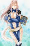  aqua_background bad_id bad_pixiv_id belt bodysuit book breasts brown_hair center_opening cleavage colored_pencil_(medium) glasses hair_intakes juliejulie large_breasts long_hair marker_(medium) midriff presa_(tales) solo tail tales_of_(series) tales_of_xillia thigh_gap traditional_media yellow_eyes 