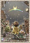  bunny cat cityscape crescent_moon enola_(ebanataw) highres lamppost male_focus moon original rain rainbow sky solo star stuffed_toy 