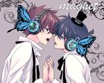  ayao77 blue_eyes blue_hair brown_hair bug butterfly copyright_name face-to-face hat headphones holding_hands insect kudou_shin'ichi kuroba_kaito magnet_(vocaloid) male_focus meitantei_conan multiple_boys nail_polish open_mouth parody vocaloid yaoi 