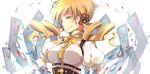  anthiea bad_id bad_pixiv_id blonde_hair breasts corset drill_hair hair_ornament large_breasts magical_girl mahou_shoujo_madoka_magica smile solo tomoe_mami twin_drills twintails yellow_eyes 