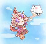  :d boots chibi engrish flying head_wings heart mochinabe multicolored_hair o_o open_mouth outstretched_arms ranguage single_head_wing sky smile solo speech_bubble tokiko_(touhou) touhou two-tone_hair wings 