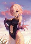  1girl black_leotard blue_sky breasts chariot.f cleavage cowboy_shot day elbow_gloves eyebrows_visible_through_hair fate/grand_order fate_(series) gloves hair_over_one_eye large_breasts leotard looking_at_viewer mash_kyrielight midriff navel navel_cutout outdoors pink_hair purple_eyes purple_gloves short_hair sky smile solo standing stomach 