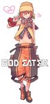  ayao77 beanie copyright_name detached_sleeves fujiki_kouta god_eater god_eater_burst grin hat heart male_focus navel orange_eyes orange_hair scarf simple_background smile solo striped striped_scarf translated white_background 