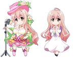  bare_shoulders belt bracelet breasts brown_eyes chibi cleavage dress dual_persona flower hand_on_hip hands_together hat idolmaster idolmaster_cinderella_girls jewelry large_breasts long_hair microphone microphone_stand necklace oborotsuki_kakeru own_hands_together pink_hair saionji_kotoka smile 