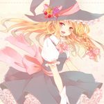  :d blonde_hair blue_eyes bow braid gloves hat hat_bow hat_ribbon kirisame_marisa long_hair open_mouth ribbon riku_manoue single_braid smile solo touhou white_gloves witch_hat 