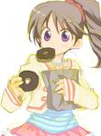  bag brown_hair doughnut eating food idolmaster idolmaster_cinderella_girls jewelry long_hair mouth_hold necklace ponytail purple_eyes shiina_noriko shiu_kazuki sketch skirt solo 