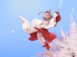  animal_ears arm_up ass bare_legs bare_shoulders blue_background cherry_blossoms day detached_sleeves from_behind grey_hair hat inubashiri_momiji jumping junwool long_sleeves panties pantyshot petals short_hair silver_hair skirt sky solo sword tail tokin_hat touhou underwear upskirt weapon wide_sleeves wolf_ears wolf_tail 