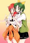  bow clothes_around_waist drink food green_eyes green_hair hair_bow hair_ornament hairclip hino_akane_(smile_precure!) hug hug_from_behind midorikawa_nao multiple_girls nanairogaoka_middle_school_uniform necktie ponytail precure red_eyes red_hair school_uniform sleeves_rolled_up smile_precure! sweater sweater_around_waist sweater_vest tima vest 