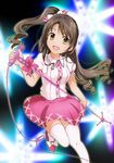  :d bow brown_hair hair_bow half_updo idolmaster idolmaster_cinderella_girls long_hair microphone microphone_stand one_side_up open_mouth pink_check_school pobii shimamura_uzuki skirt smile solo thighhighs white_legwear yellow_eyes 