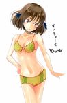  bad_id bad_pixiv_id bikini brown_hair groin hand_on_hip inoue_(rewrite) red_eyes rewrite smile solo swimsuit translation_request white_background yae_(mono110) 