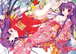  blush cleavage flowers ichiri japanese_clothes kimono leaves long_hair original purple_hair 
