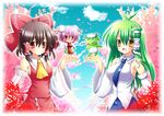  ascot bandages blush bow breasts brown_hair bun_cover chain cherry_blossoms chinese_clothes cuffs detached_sleeves double_bun flower frog frog_hair_ornament green_hair hair_bow hair_ornament hair_tubes hakurei_reimu ibaraki_kasen kappa kochiya_sanae long_hair medium_breasts minigirl multiple_girls necktie open_mouth osashin_(osada) petals pink_flower pink_hair pink_rose red_eyes rose short_hair skirt small_breasts smile snake spider_lily tabard touhou yellow_eyes 