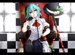  alternate_hair_length alternate_hairstyle androgynous blue_hair fang fingerless_gloves frog gloves hat hat_removed headwear_removed hinanawi_tenshi nue0192 red_eyes reverse_trap short_hair sitting solo sword_of_hisou throne touhou 