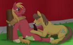  big_macintosh_(mlp) big_penis blue_eyes blush brown_hair caramel_(mlp) cartoonlion cum cutie_mark draft_horse equine erection feral friendship_is_magic gay hair horse horsecock male mammal my_little_pony oral orange_hair penis pony sex yoke 