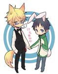  animal_ears ayao77 black_hair blonde_hair blue_eyes blush bow bunny_ears bunny_tail chibi cigarette durarara!! extra_ears glasses hands_in_pockets heiwajima_shizuo holding_hands jacket kemonomimi_mode looking_at_viewer male_focus multiple_boys open_mouth ryuugamine_mikado smoking tail track_jacket translated wolf_ears wolf_tail yaoi yellow_eyes 