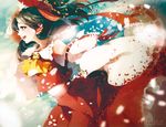  ascot black_hair bow brown_eyes detached_sleeves hair_bow hair_tubes hakurei_reimu kyachi long_hair open_mouth petals profile sarashi solo touhou 