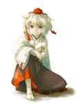  animal_ears bad_id bad_pixiv_id brown_eyes hat inubashiri_momiji japanese_clothes kneeling light_smile pom_pom_(clothes) short_hair simple_background skirt solo tabi tokin_hat touhou unagi77 white_background white_hair wide_sleeves wolf_ears 