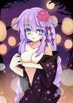  absurdres blue_eyes blush braid breast_hold breasts collarbone flower hair_ornament highres japanese_clothes kimono long_hair meimu_(infinity) navel neptune_(series) open_mouth purple_hair purple_heart small_breasts solo symbol-shaped_pupils topless twin_braids undressing very_long_hair 