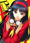  amagi_yukiko aran_sweater bangs black_eyes black_hair blunt_bangs cardigan glasses hairband horiguchi_hiroshi long_hair looking_at_viewer persona persona_4 school_uniform skirt smile solo sweater tongue 